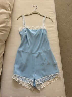 Never worn STAUD Powder Blue Satin Lace-Trim Romper